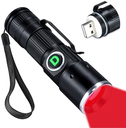 DARKDAWN Red Light Flashlight Rechargeable USB, LED Portable Redlight Mini Focus Adjustable, Flash Light with Pocket Clip for Night Fishing, Beekeeping, Observation, Astrophotography