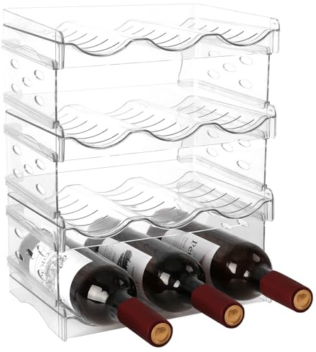 EZ COZY Wine Rack, 4 Tier Water Bottle Organizer for Cabinet, Stackable Clear Wine Holder for Pantry, Refrigerator, Countertop Organization (12 Bottles)