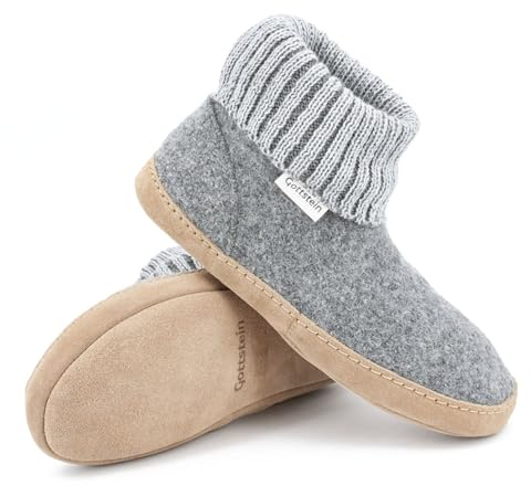 Gottstein Zapatillas de cabaña Dakota de lana virgen sin muesing, hechas a mano, de fieltro de lana, para hombre y mujer, talla 36-47, con cintura alta y suela de piel acolchada, Gris Graumele, 41 EU