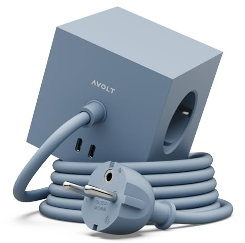 Avolt Square 1 Kompakter Steckdosenwürfel, 3 Steckdosen, 2 USB-C, 1,8m | Blau – magnetischer Steckdosenwürfel, USB-C 30W Laden; ideal für Gaming-Setup und Schreibtisch