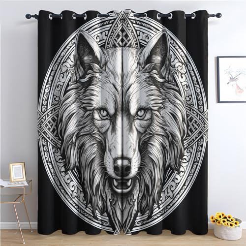 THYUNQ Vorhänge Wikinger Wolf Motiv, Vorhang Blickdicht Verdunklungsvorhänge Thermovorhang mit Ösen, Gardinen Wohnzimmer Schlafzimmer Fenster, 2er Set Curtains, H 160 x B 140 cm