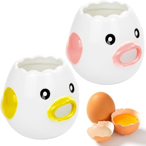 KOMUNJ 2pcs Chick Egg Separator, Ceramic Chick Statue Egg Yolk Separator, Cute and Funny Chick Shape Egg Separator for Kitchen Bakery Camping Dishwasher Safe (Yellow+Pink)