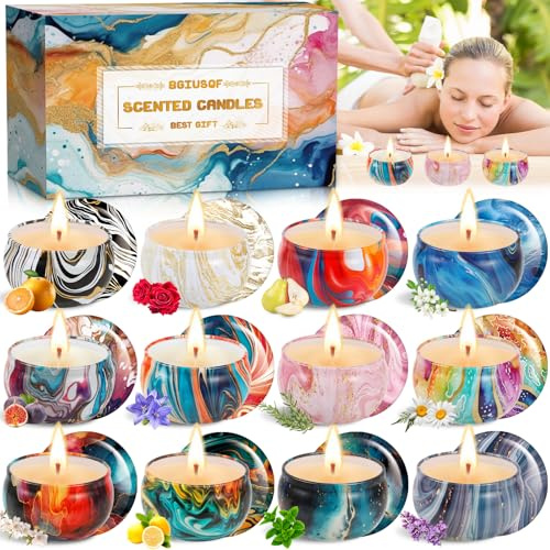 BGIUSQF 12 Stück Duftkerzen Geschenkset, 100% Natürliches Sojawachs, Scented Candle, Stress Abbauen, Set für Aromatherapie, Massage, Weihnachten, Geburtstage