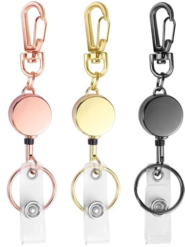 Bolimoss Ausziehbarer Ausweishalter, Niedlicher Metall-Schlüsselanhänger für Namenskarte, Damen und Herren, 3 Packungen (Roségold, Gold, Schwarz)