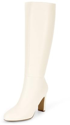 DREAM PAIRS Women's Knee-High Boots, Comfortable Chunky Block Heel Pointed Toe Pull On Side Zipper Suede Slouch Riding Boots,Size 5.5,Beige-Pu,SDKB2415W