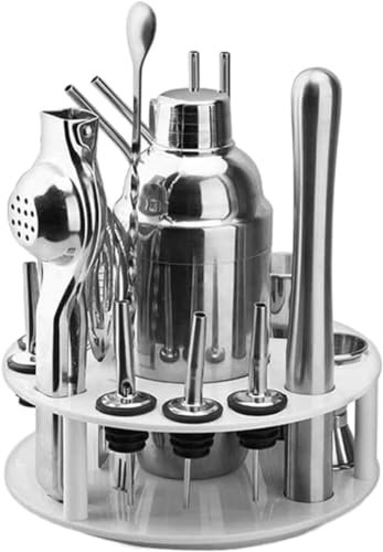 Juego de coctelera de 20 piezas, kit de barman de acero inoxidable con soporte giratorio, kit de fabricación de cócteles para bar en casa, herramienta definitiva para mezclar bebidas, kit de coctelera