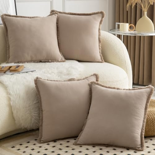 Mandioo 4er Set Neutralen Baumwolle Kissenbezug 45x45cm Herbst Quasten Dekorative Kissenbezüge Boho Sofakissen Dekokissen Kissenhülle für Couch Sofa Schlafzimmer Wohnzimmer Graubraun