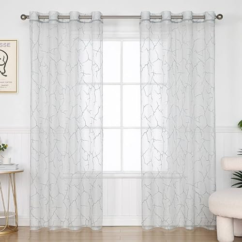 Vorhänge Halbtransparent mit Schlaufen, Gardinenschals 2er Set Hellgrau 137x214CM Landhausstil mit Zweige Motiv Lichtdurchlässige Gardinen Polyester Schiebevorhänge für Wohnzimmer Schlafzimmer Küche