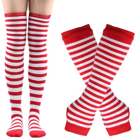 Lufdegim Damen Gestreifte Kniestrümpfe, Thigh Highs Socken Lange Strickhandschuhe Socken Set für Party Kostüm (DE/NL/SE/PL, Alphanumerisch, Einheitsgröße, Regular, Regular, Rot und Weiß gestreift)