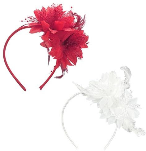 FUIPVGI 2 Stücke Haarreifen Damen Feder Haarreif mit Künstlichen Blumen, 1920er Fascinator Kopfschmuck, Damen Feder Stirnband, Tee-Party Kopfbedeckung, für Karneval Cocktail Hochzeit (Weiß, Rot)