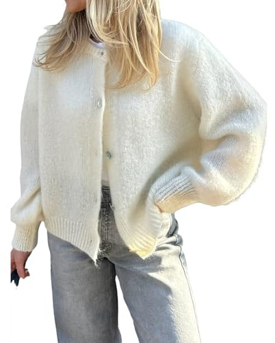 Geagodelia Women's Cropped Cardigan Long Sleeve Sweater Jumper Ladies Knitted Jacket Y2K Fashion Button Down Crochet Top Streetwear Autumn Spring (White, M)