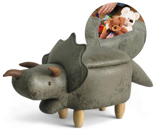 Suleno Dino Tierhocker mit Stauraum, Niedlicher Organizer & Sitzbox, 50 cm | für Kinder, weicher Bezug in Lederoptik, Holzbeine, dekorative Möbel für Kinderzimmer 93x 33 x