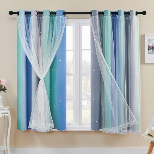 XiDi Verdunkelungsvorhänge mit Netz 137 cm Drop Hollow Out Star Pattern Mix Weiß Voile Vorhänge mit kurzen Ösen, transparent für Kinder Jugendzimmer