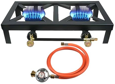hzexun Hornillo a Gas de Fundición con 2 Fuegos,Hornillo Camping de Gas Portátil Acampada Plegable 6KW Compatible con Gas Butano y Gas Propano con 125cm Manguera y 50 mbr Regulador