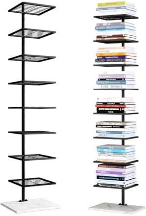 HARELA Vertikales Bücherregal 6/8-Tier, Metall Bücherregal Bodenstehendes, Bücherturm Freistehend Ecke Regal, DIY Offenes Bücherregal Für Dekor, Für Kleinen Raum(Black-8 Tier)