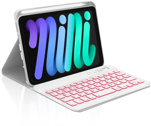 Occtingkind Für iPad Mini 8,3 Tastatur Hülle mit 7-Farben Beleuchtung, für iPad mini 8,3 7. Gen (2024 A2993) & 6. Gen (2021 A2567), Abnehmbare Bluetooth Keyboard, Schutzhülle, QWERTZ, USB-C, Hellgrau
