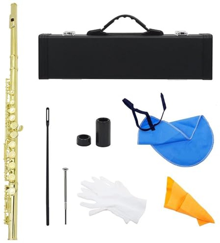 Querflöte Instrument 16 Geschlossene, Offene Löcher C-Taste Flöte, Musikinstrument Konzertflöte Versilbert Professionelle Querflöte Mit E-Taste(Gold)