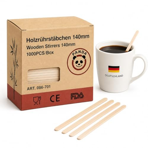 Commerline Holzstäbchen 14 cm, 1000 Stück, Rührstäbchen Kaffee | Kaffee Sticks, aus Holz, ideal für Kaffee, Tee und andere Getränke, passend für Standardbecher, Büro, Café & Gastronomie
