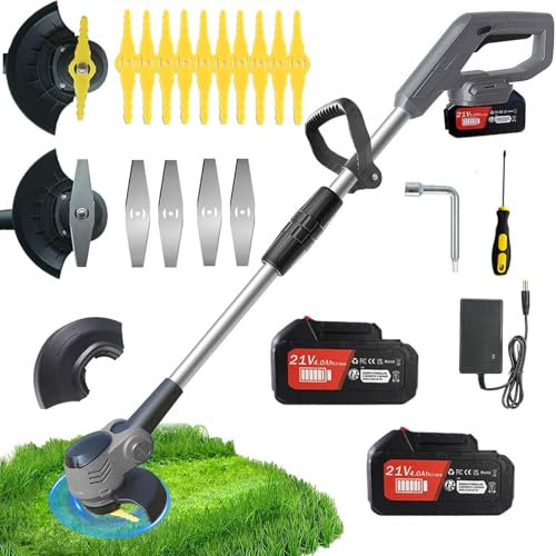 Debroussailleuse Electrique sans Fil 21V 4.0AH Coupe Bordure sans Fil avec Batterie&Deux Types De Lames PoignéE TéLescopique à Faible Bruit Taille Bordure Convient pour Jardin, Pelouse, Ferme
