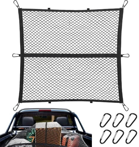 Hochelastisches Gepäcknetz 120x120cm (dehnbar bis 210x210cm) - LKW-Bett-Organizer mit 6 Stahlkarabinern fürs große SUVs, Transporter, Busse, Vans • Ladungssicherung, Einlagige