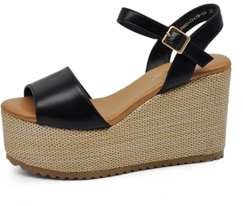 IF Scarpe Sandali Con Zeppa da Donna con Platform Corda Plateau in Paglia Cinturino alla Caviglia Comode Z7479-09 nero N.40
