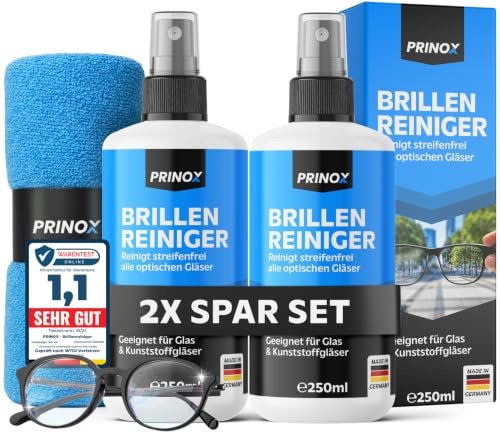 PRINOX 2x Brillenreiniger Set 250ml mit Mikrofaser Brillenputztuch - Brillen Reiniger mit Mikrofaser Tuch für alle Brillen gegen Fettflecken und Fingerabdrücke auf der Brille