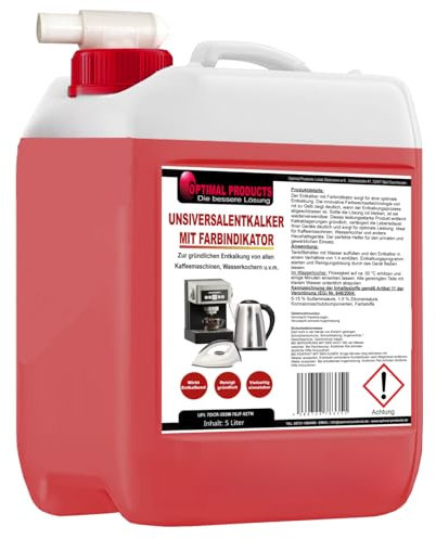 Optimal Products Universalentkalker mit Farbindikator 5 Liter Kanister | für Kaffeemaschinen und Vollautomaten | universell einsetzbar zur kraftvollen ENTKALKUNG aller Marken | Inklusive Abfüllhahn