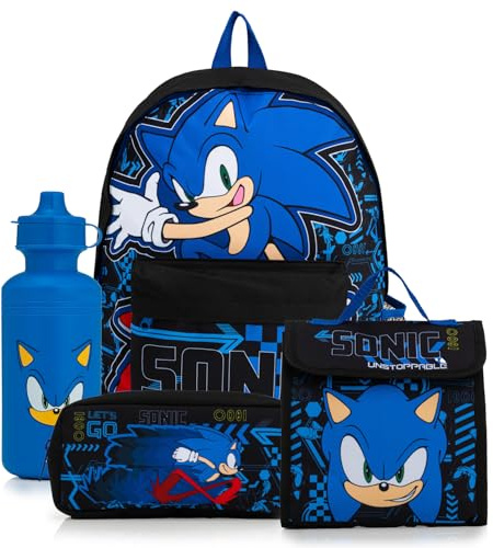 Sonic The Hedgehog Set da 4 pezzi per la scuola con borsa per il pranzo, astuccio e bottiglia d'acqua, zaino per ragazzi con cinghie regolabili imbottite - Forniture per il rientro a scuola