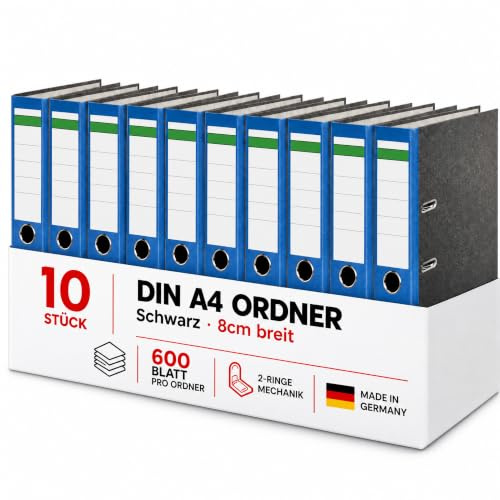 Conipa Ordner A4 Breit 8 cm, 10 Stück, Blau, für bis zu 600 Blatt | Robuste Aktenordner mit 2-Ring-Hebelmechanik, Griffloch und Recyclingkarton – für Büro, Schule & Homeoffice, Made in Germany