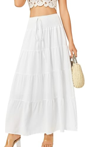 Monbessi Langer Rock Damen mit Futter 2 in 1 Maxirock Damen Lang Elastischer Bund Boho Röcke Geeignet für Sommer, Urlaub, Shopping Und Den Alltag(M, Weiß)