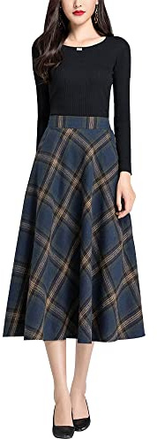 BiilyLi Jupe Longue Femme Hiver Élégant Laine Carreaux Haute Taille A-Ligne Midi Jupes Casual Skirt Bleu foncé -L(Taille élastique: 78 cm)