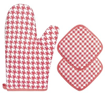 HW CASA Set di 1 guanto da forno + 2 presine resistenti al calore (1200°C) - ignifughi - Cotone naturale e materiali atossici - Protezione avanzata per cucina e forno rosso