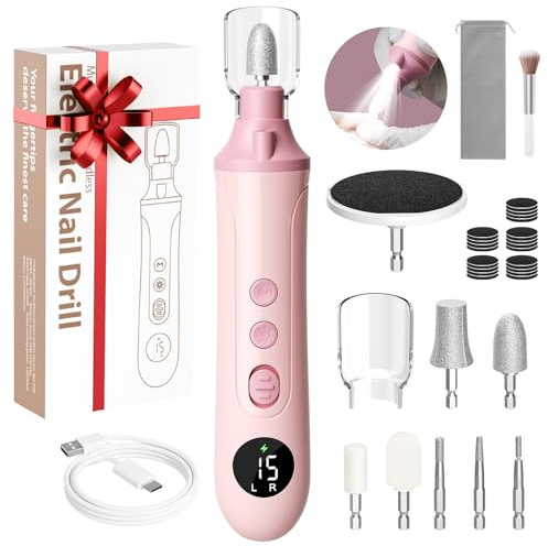 Cordless Electric Nail Drill 15 Adjustable Speeds Portable Rechargeable Nail File Kit with 8 Drill Bits 25 Sanding Discs for Natural or Acrylic Gel Nails Polish Gel Removal Manicure (Pink)