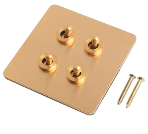 Oniissy Interruptor basculante de latón de 12 vías, control de luz de placa plana, interruptor de acabado dorado, interruptor decorativo de pared, interruptor de ventilador de techo (4 bandas)