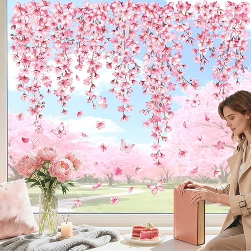 decalmile Fensterbilder Kirschblüte Rebe Blumen Rosa Fensteraufkleber | Statische Anti-Kollision Fensterdeko, Beidseitiger Druck, auf Beiden Seiten klar Sichtbar, Wasserdicht, Abnehmbar