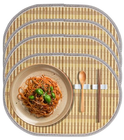 RANJIMA 4 Stück Tischset aus Bambus, Oval Tischsets Platzsets Abwaschbar 43x30cm, Bambus Tischsets für Esstisch, Bambusmatte Hitzebeständig Platzdeckchen Holz Platzmatten Set für Küche Speisetisch