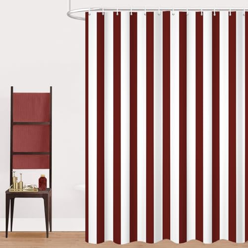 GCIREC Tenda Doccia, 90x180cm, Rosso Scuro e Bianco Minimalismo Moderno Strisce Verticali Impermeabile Tessuto Macchina Lavabile Tenda da Bagno con Ganci