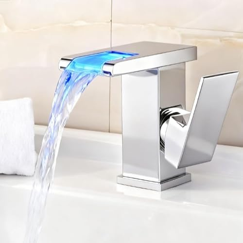 LED Wasserfall Wasserhahn 304 Edelstahl Messing Einhebelmischer RGB 3 Farbewechsel Waschtischarmatur Warmes und kaltes Mit Temperatursensor Beleuchtung Bad Armatur aus Waschbeckenarmatur