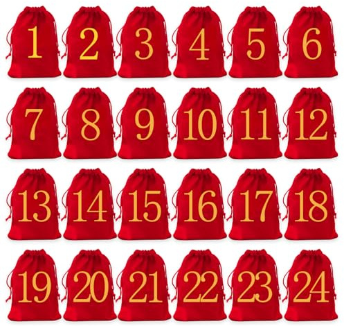 24 Pieces Advent Calendar Bags Christmas Drawstring Gift Bag DIY Advent Calendars to Fill with 1-24 Iron on Countdown Numbers for Christmas Advent Calendar Countdown Decoration