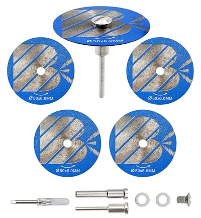 BRSCHNITT 50MM Hoja de Diamante Ultra Fina - Juego de 5 Hojas de Diamante Sinterizado para Eliminación de Lechada y Corte de Baldosas de Cerámica Blanda, con mango de 3mm/6mm y destornillador