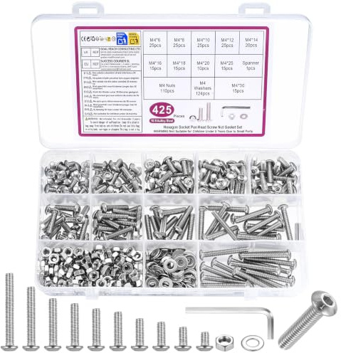 M4 Juego de Tornillos y Tuercas y Arandelas, 425 Pcs Métricos Tornillos de Cabeza Hueca Hexagonal Cilíndrico, Tornillería Tornillos Cabeza Hexagonales Redonda para Reparación Máquinas, plata