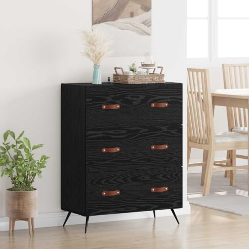 LoogCape Kommode Schwarze Eiche 69,5 x 34 x 90 cm Holzwerkstoff rustikale Wohnzimmerschrank Aufbewahrungsmöglichkeit mit 3 Schubladen und stabilem Metallgestell für Schlafzimmer Flur und Esszimmer