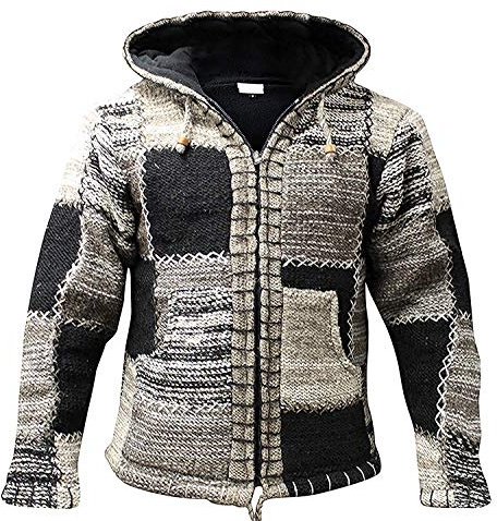 SHOPOHOLIC FASHION herr fleecefodrad lappverk dubbel stickad ull hippie tröja med huva, gråsvart, M