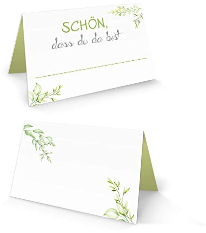 Tischkarten Eukalyptus, 100er Set: Namensschilder Schön, dass du da bist, Für Hochzeit, Geburtstag, Taufe, Konfirmation & Kommunion, Festdeko Tisch, Platzkarten zum Beschriften, Deko, 8,5 x 5,5 cm