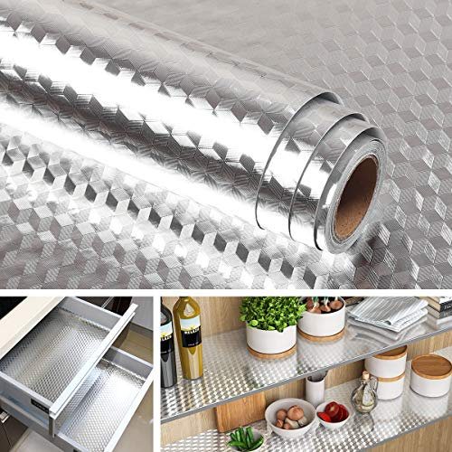 Livelynine Papier Peint Aluminium pour Cuisine Imperméable Résistant à l'Huile Revêtement Plan de Travail Cuisine Amovible Lavable Papier Adhésif pour Meuble Armoire Crédence Tiroir de 40CM*2M