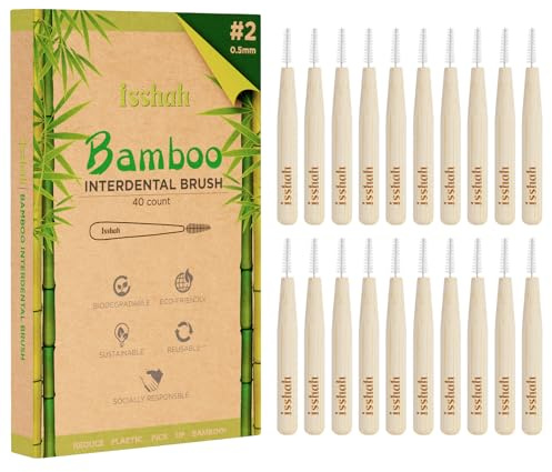 Isshah Biodegradable Bamboo Handle Interdental Brushes Between Teeth Cleaner Deep Clean Toothpick, FSC Certified and PETA Approved, Size 2 (0.5mm), 40 Count