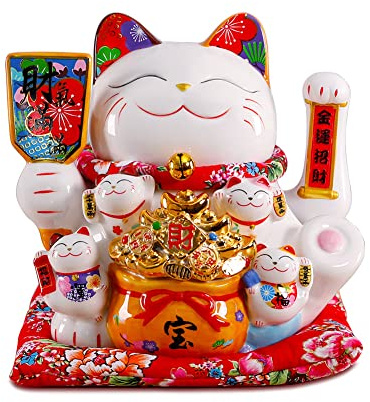 Mkuha Maneki Neko Winkekatze Glückskatze Glücksbringer Winkende Katze aus Porzellan, Lucky Waving Cat, Weiß L26xW22xH23CM,B