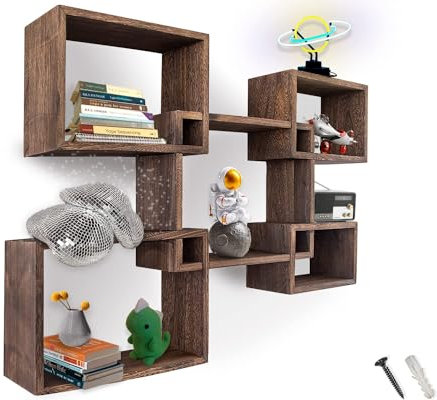 Comfify Rustikale, an der Wand montierte quadratische, schwimmend geformte Regalbretter - Satz mit 5 quadratischen Regalbrettern für Bad und mehr - inklusive Schrauben und Anker - Braune