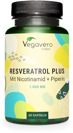 Resveratrol Vegavero | 1000 mg Trans-Resveratrol (125:1) | Plus Nicotinamid und Piperin | 98% rein | aus japanischem Staudenknöterich | Ohne Zusatzstoffe | 60 Kapseln | Vegan