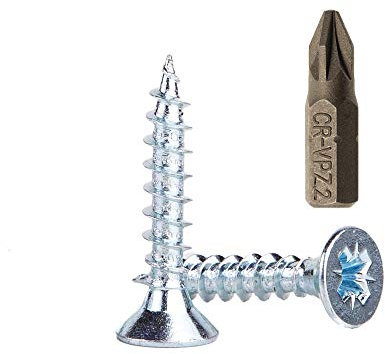 Set di 100 viti per legno in acciaio zincato 5 x 25 mm, testa crociforme e fresata per pannelli truciolari